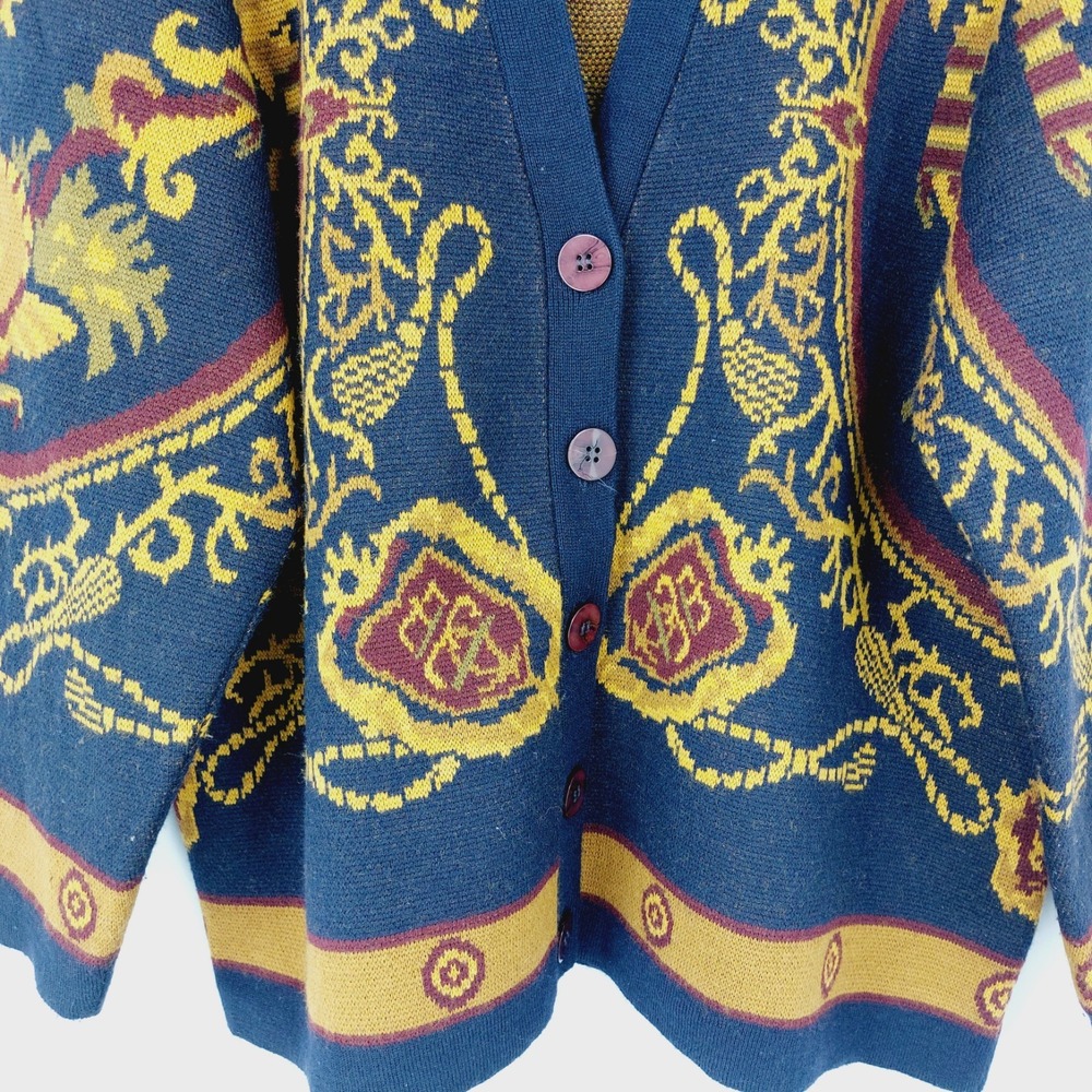 Vintage Jones New York Cartigan Sweater Size L Navy Gold Lambswool Button Front - Picture 3 of 6